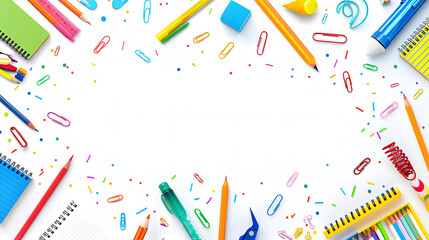 White background with colorful school supplies in the bottom border - obrazy, fototapety, plakaty