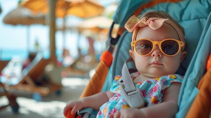 Baby Wearing Sunglasses and Hat Sitting in Chair - obrazy, fototapety, plakaty