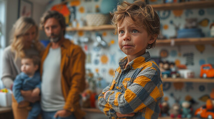 Obraz premium Young Boy Standing in Front of Counter With Woman and Man