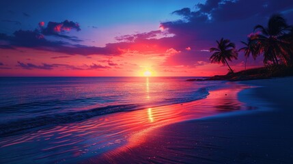 Fototapeta na wymiar Sunset on Tropical Beach With Palm Trees