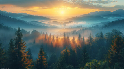 Fototapeta premium Sunrise landscape with misty forest, distant mountains and sunrise sky. Traditional oriental ink painting sumi-e, u-sin, go-hua.