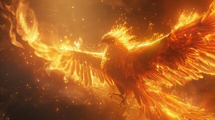 A majestic phoenix in the process of rebirth, its feathers aglow with flames, symbolizing resilience and the power .