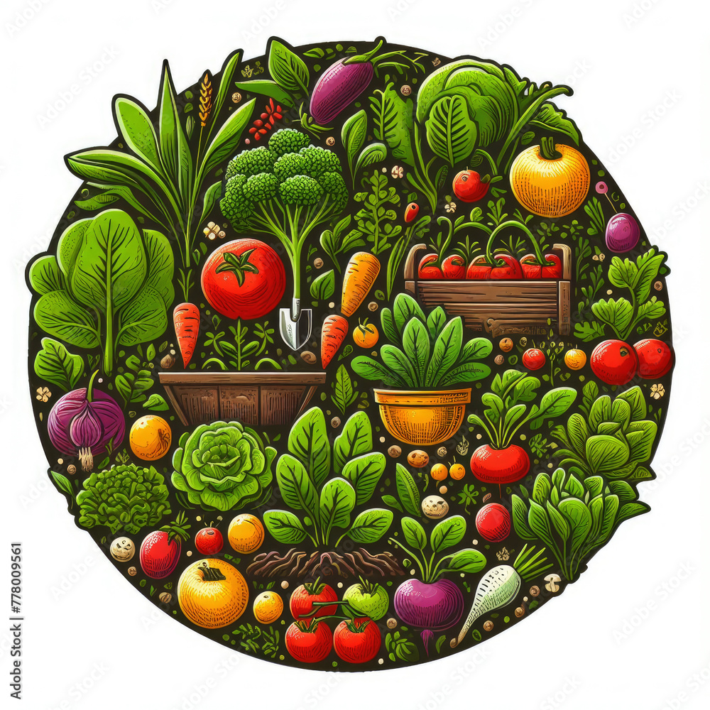 Wall mural A colorful illustration garden with various vegetables and fruits