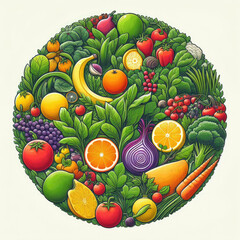 A colorful illustration variety of fruits and vegetables in a circle