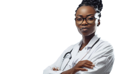 African-American woman doctor in a white coat with a stethoscope around her neck. Isolate. Generative AI.
