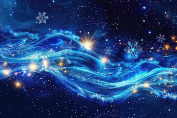 Fantastic wave design with snowflakes and glowing stars,snowfall and stars on flash light rays backgrounds. dreamy winter weather theme,glowing background with stars

 - obrazy, fototapety, plakaty