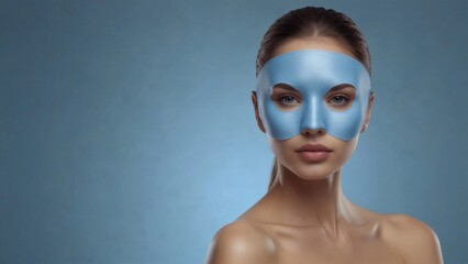 Close-up of a beautiful woman wearing a skin care mask for skin lifting and anti-aging detoxifying effect, isolated background. blue mask