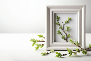 white frame with a leafy branch inside it