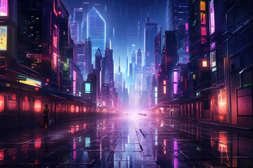 A neon cyberpunk cityscape in the rain, Foggy street photorealistic neon lights rain meter skins, Ai generated