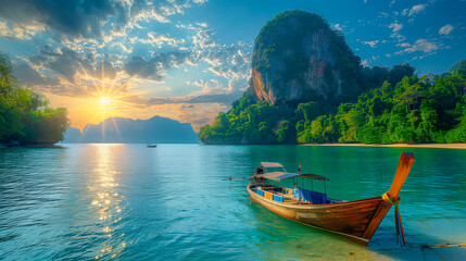 raditional thai boat on the sea - obrazy, fototapety, plakaty