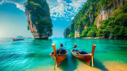 seascape with traditional Thai boats - obrazy, fototapety, plakaty