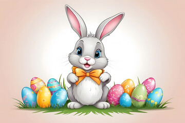 Easter bunny with Easter eggs. Congratulations and gifts for Easter in flat style.