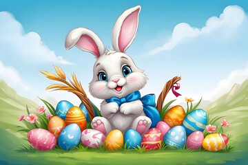 Easter bunny with Easter eggs. Congratulations and gifts for Easter in flat style.