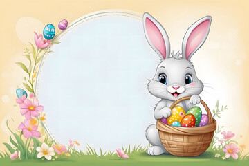 Easter bunny with Easter eggs. Congratulations and gifts for Easter in flat style. Place for text.