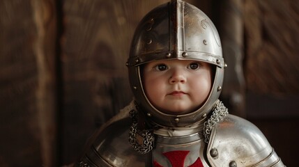 Toddler humorously dressed in full knight armor, symbolizing playfulness and childhood fantasy.
