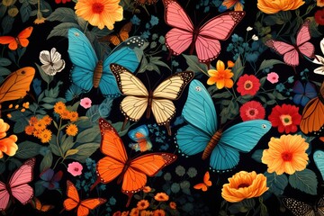Butterflies background, A pattern of butterflies against a floral backdrop AI generated