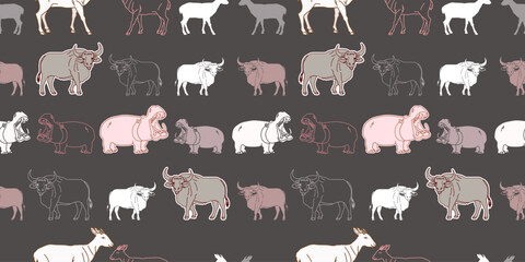 Vector seamless pattern with hippo Goral bull. Can be used for, wallpaper, pattern fills, web page background, surface textures - obrazy, fototapety, plakaty