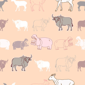 Vector seamless pattern with hippo Goral bull. Can be used for, wallpaper, pattern fills, web page background, surface textures