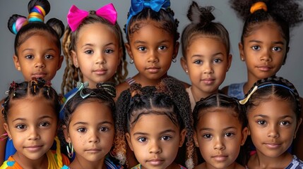 A group of young girls with their hair in braids and bows