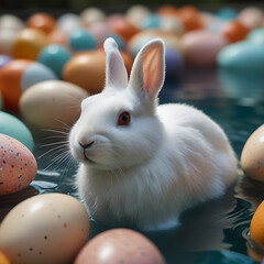 A very cute white rabbit swimming in a pool full of Easter eggs