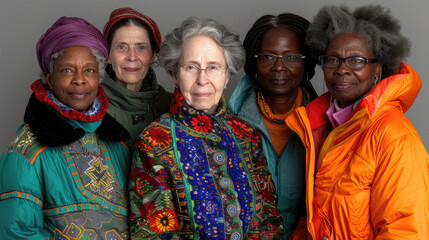 A group of women are posing for a photo, all wearing colorful clothing