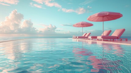 A surreal pink-toned poolside scene with palm trees, sun loungers, and an umbrella, evoking a dreamlike summer escape. Summer resort background