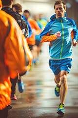 A man in a blue and orange jacket runs past a group of people