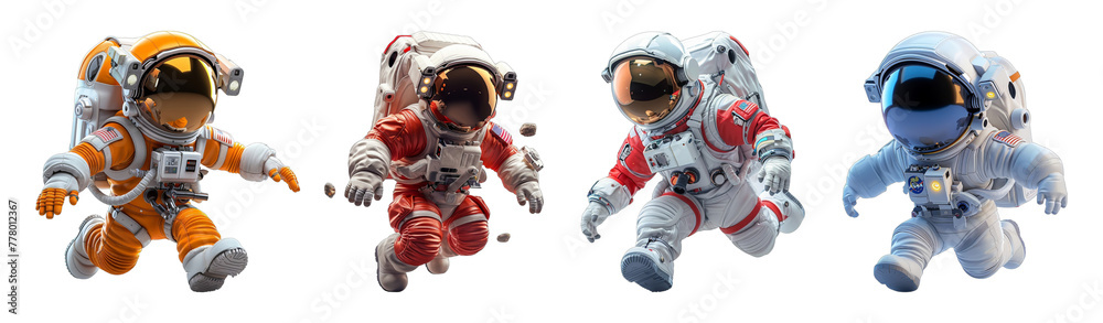 Wall mural set 3d cartoon character animation, cute little astronaut, generative ai