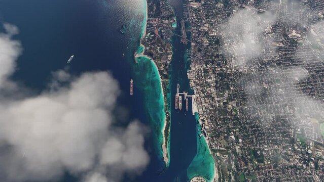 Top aerial view of Atlantis Paradise Island harbor in the Caribbean. The Bahamas