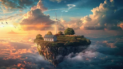 Tuinposter There is an island in a beautiful sky which looks very beautiful, a windmill is running on it, and renewable energy and solar panels are being produced there, .sky island, a fantasy sky-flying island, © Tilak