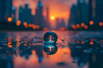 Foto op Plexiglas A single drop of water on a glass surface with a city background. It depicts a rainy urban landscape. © NE97