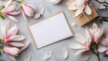 Mockup of greeting card or invitation. White paper, fresh pink magnolia flowers on a light lilac background.