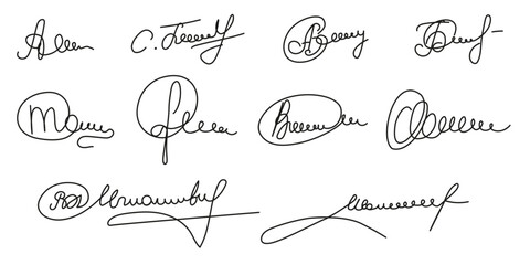 Big Set of Doodle Autograph. Fictitious Signature collection isolated white background. Swirl Signature. Vector illustration can used template for certificate and documents Design. Editable stroke - obrazy, fototapety, plakaty