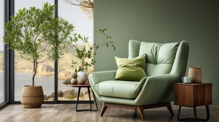 A green chair is sitting in front of a window with a view of a lake. The room is decorated with plants and a few vases