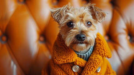 Portrait of Dog in Knit Sweater and Coat with Matching Orange Background
