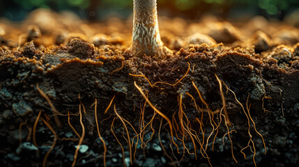 Macro Shot of Plant Roots in Soil Highlighting Nature's Intricate Details and Life's Beginnings