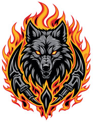 Burning Flames with a Wolfs Head - Colored Illustration or Textile Print Motif Isolated on White Background, Vector - 778013772