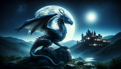 Majestic Night Dragon Perched on Rocky Outcrop Under Full Moon by Castle