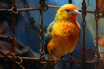 Artistic illustration, close-up on open cage, freedom symbolism, natural light, vivid textures, unique hyper-realistic illustrations , hyper realistic