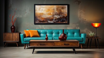 A modern living room with a blue couch, a coffee table, and a large painting on the wall