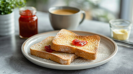 A plate of toast with jam beside a cup of coffee