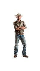 An American farmer wearing a plaid shirt, cowboy hat, and jeans.