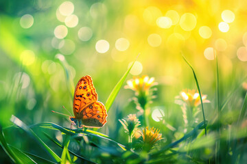 Abstract spring  nature background with green grass and butterfly