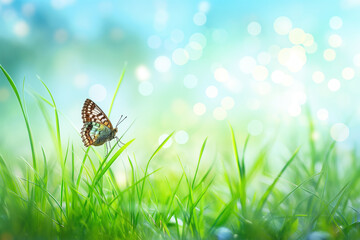 Abstract spring or summer nature background with green grass and butterfly - 778014197