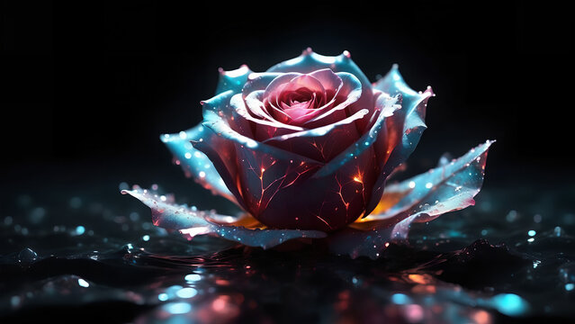 a glowing holographic constellation rose on a pure dark liquid ocean
