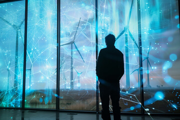 Man Standing in Front of Large Display of Windmills