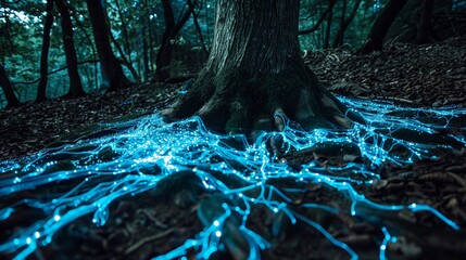 A network of tree roots beneath the ground, glowing with fungal bioluminescence to represent data transmission , advertise photo