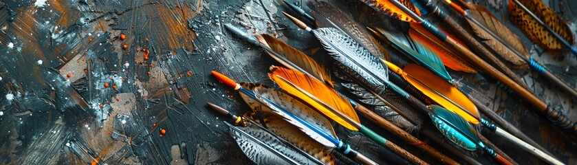 A quiver of arrows, each feathered in a different style, representing various directions and pathways , no grunge, splash, dust