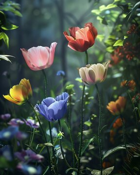A garden of five magical flowers, each one blooming more fully based on the rating, from a bud to a full blossom , advertise photo