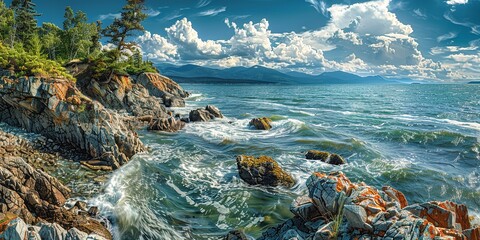 Back to Canadian Nature: Rocky Shore on the Ocean Coast. Generative Ai - obrazy, fototapety, plakaty